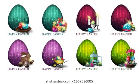 Happy Easter, large set bright colorful postcards with Easter icons, big decorative egg and copy space. Easter card in cartoon style graphics isolated on a white background.