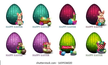 Happy Easter, large set bright colorful postcards with Easter icons, big decorative egg and copy space. Easter card in cartoon style