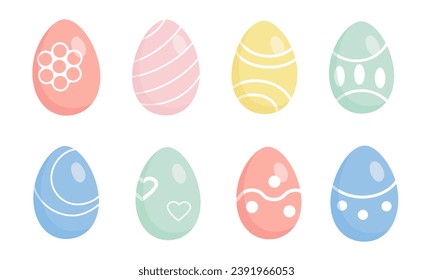 Happy Easter large set of painted Easter eggs. Colored Easter eggs in bright colors with different textures isolated on a white background. Spring holiday. Vector illustration.
