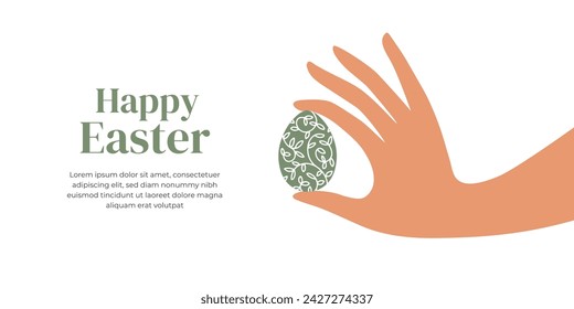 Happy Easter layout template. Woman hand holding painted easter egg. Greeting card design element. Decorative eggs shell, floral, nature leaf pattern. Hand give egg shape. Isolated vector illustration