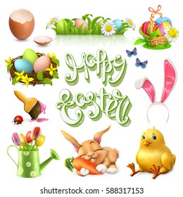 Happy Easter lettering and 3d vector icon set.