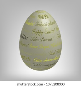 Happy Easter lettering in all languages on 3D realistic egg. Three-dimensional egg with text in all languages, vector isolated