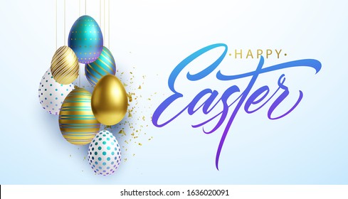 Happy Easter lettering background with 3D realistic gold, white and blue shiny decorated eggs, confetti. Vector illustration EPS10