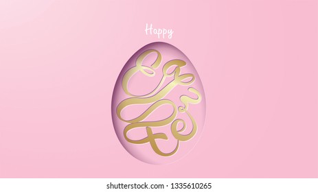 Happy Easter lettering background in egg shape frame with confetti, golden brush splash, light, stars, sparkling glamorous glow in the dark. - Vector