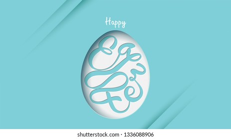 Happy Easter lettering background in egg shape frame with confetti, golden brush splash, light, stars, sparkling glamorous glow in the dark. - Vector