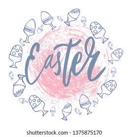 Happy Easter lettering background. Easter eggs composition hand drawn. Vector illustration greeting card, ad, promotion, poster, flyer, web-banner, article.