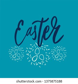 Happy Easter lettering background. Easter eggs composition hand drawn. Vector illustration greeting card, ad, promotion, poster, flyer, web-banner, article.