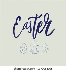 Happy Easter lettering background. Easter eggs composition hand drawn. Vector illustration greeting card, ad, promotion, poster, flyer, web-banner, article.