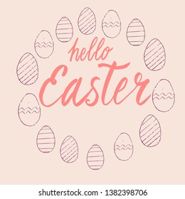 Happy Easter lettering background. Easter eggs composition hand drawn. Vector illustration greeting card, ad, promotion, poster, flyer, web-banner, article.