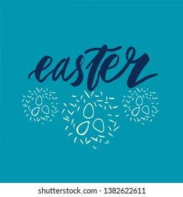 Happy Easter lettering background. Easter eggs composition hand drawn. Vector illustration greeting card, ad, promotion, poster, flyer, web-banner, article.
