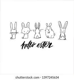 Happy Easter lettering background. Easter eggs composition hand drawn. Vector illustration greeting card, ad, promotion, poster, flyer, web-banner, article.
