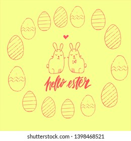 Happy Easter lettering background. Easter eggs composition hand drawn. Vector illustration greeting card, ad, promotion, poster, flyer, web-banner, article.