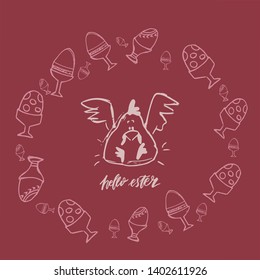 Happy Easter lettering background. Easter eggs composition hand drawn. Vector illustration greeting card, ad, promotion, poster, flyer, web-banner, article.