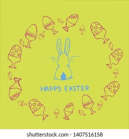 Happy Easter lettering background. Easter eggs composition hand drawn. Vector illustration greeting card, ad, promotion, poster, flyer, web-banner, article.