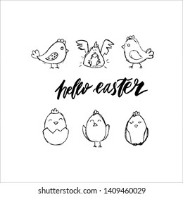 Happy Easter lettering background. Easter eggs composition hand drawn. Vector illustration greeting card, ad, promotion, poster, flyer, web-banner, article.