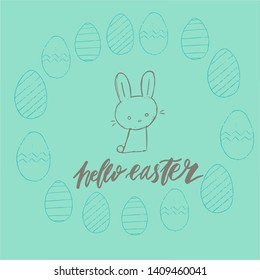 Happy Easter lettering background. Easter eggs composition hand drawn. Vector illustration greeting card, ad, promotion, poster, flyer, web-banner, article.