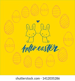 Happy Easter lettering background. Easter eggs composition hand drawn. Vector illustration greeting card, ad, promotion, poster, flyer, web-banner, article.
