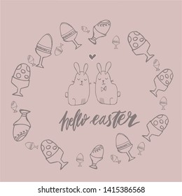Happy Easter lettering background. Easter eggs composition hand drawn. Vector illustration greeting card, ad, promotion, poster, flyer, web-banner, article.