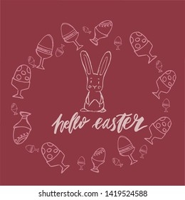 Happy Easter lettering background. Easter eggs composition hand drawn. Vector illustration greeting card, ad, promotion, poster, flyer, web-banner, article.