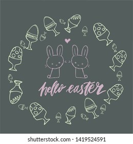 Happy Easter lettering background. Easter eggs composition hand drawn. Vector illustration greeting card, ad, promotion, poster, flyer, web-banner, article.