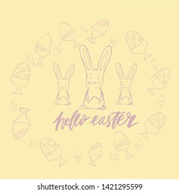 Happy Easter lettering background. Easter eggs composition hand drawn. Vector illustration greeting card, ad, promotion, poster, flyer, web-banner, article.