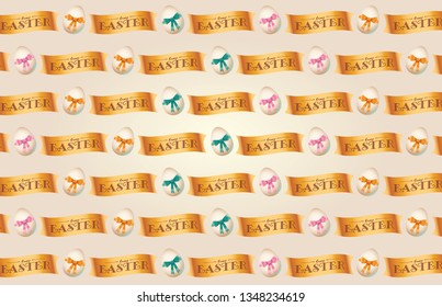 Happy easter lettering background, golden easter elements, colorful ribbons. Vector illustration greeting card, ad, promotion, poster, flyer, web-banner, article