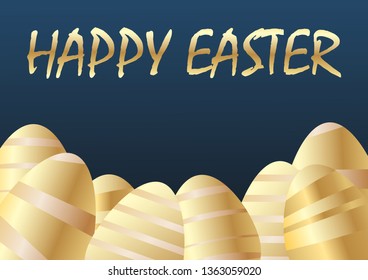 Happy Easter lettering background with golden shine decorated eggs. Vector illustration greeting card, ad, promotion, poster.