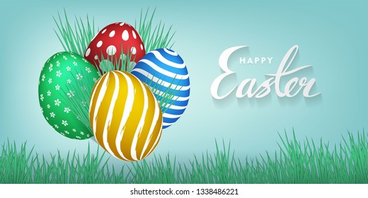 Happy Easter lettering background with in the grass realistic shine colored eggs