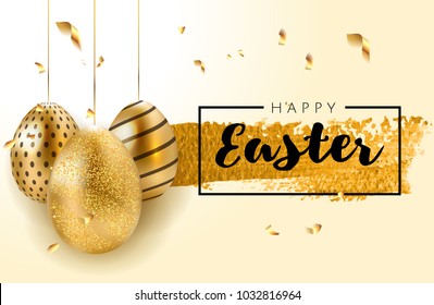 Happy Easter lettering background with realistic golden shine decorated eggs, confetti, golden brush splash. Vector illustration greeting card, ad, promotion, poster, flyer, web-banner, article