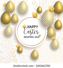 Happy Easter lettering background with realistic golden shine decorated eggs, confetti, golden branches. Vector illustration greeting card, ad, promotion, poster, flyer, web-banner, article