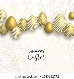 Happy Easter lettering background with realistic golden shine decorated eggs, confetti, golden branches. Vector illustration greeting card, ad, promotion, poster, flyer, web-banner, article