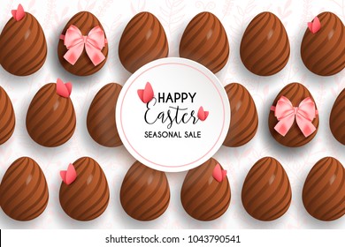 Happy Easter lettering background with realistic chocolate decorated eggs, confetti, flowers. Vector illustration greeting card, ad, promotion, poster, flyer, web-banner, article, Egg hunt