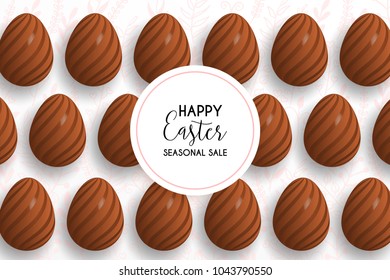 Happy Easter lettering background with realistic chocolate decorated eggs, confetti, flowers. Vector illustration greeting card, ad, promotion, poster, flyer, web-banner, article, Egg hunt