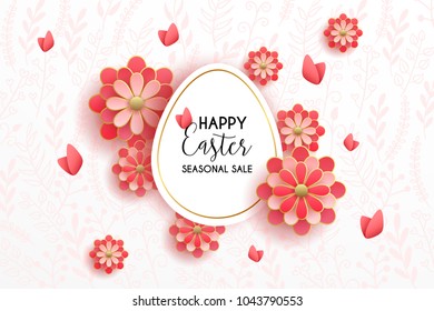 Happy Easter lettering background with realistic chocolate decorated eggs, confetti, flowers. Vector illustration greeting card, ad, promotion, poster, flyer, web-banner, article, Egg hunt