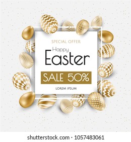 Happy Easter lettering background with realistic golden shine decorated eggs, confetti, golden brush splash. Vector illustration greeting card, promotion, poster, flyer, web-banner.