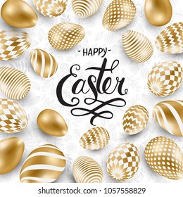 Happy Easter lettering background with realistic golden shine decorated eggs, confetti, golden brush splash. Vector illustration greeting card, ad, promotion, poster, flyer, web-banner.