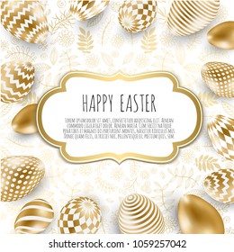 Happy Easter lettering background with realistic golden shine decorated eggs, confetti, golden brush splash. Vector illustration greeting card, ad, promotion, poster, flyer, web-banner.