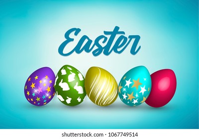 Happy Easter lettering background with realistic colorful  decorated eggs. Vector illustration greeting card