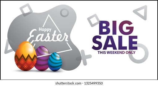 Happy Easter lettering background with realistic golden shine decorated eggs   confetti  golden brush splash. Vector illustration greeting card  ad  promotion  poster  flyer  web-banner - Vector 
