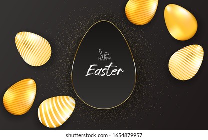 Happy Easter lettering background with realistic golden shine decorated eggs, golden particle. Vector illustration greeting card, ad, promotion, poster, flyer, web-banner, article