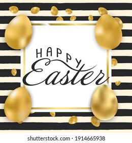 Felices letras de Pascua con huevos realistas adornados con brillo dorado. Plantilla para tarjeta de saludo de Pascua, anuncio, promoción, afiche, volante, banner web, artículo. Ilustración vectorial.