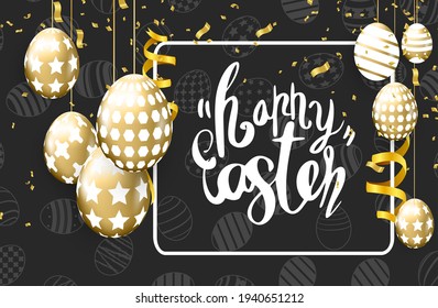 Happy Easter lettering background with realistic shine decorated eggs and ribbon