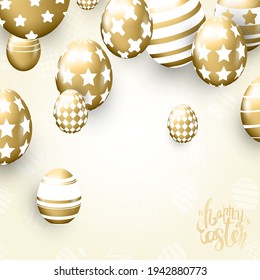 Happy Easter lettering background with realistic golden shine decorated eggs and ribbon
