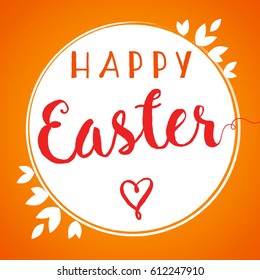 Happy Easter lettering background template with beautiful label of leaves, vector illustration. Happy Easter lettering banner