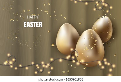 Happy Easter lettering background.Eggs realistic golden shine decorated sale banner,Creative graphic brochure.Vector illustration.Promotion for poster.Decorative light bulb element in wallpaper.EPS10