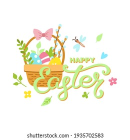 Happy easter lettering with basket, eggs and flowers. Cute hand drawn vector illustration, card template 