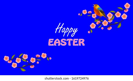 Happy Easter lettering, bird on a branch of a flowering tree, spring flowers on a blue background. Vector illustration for greeting card, announcement, promotion, poster, flyer, web banner.