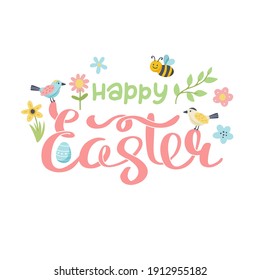 Happy easter lettering with birds, bees and flowers. Cute hand drawn vector illustration, card template