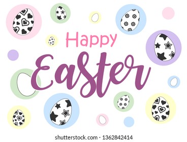 "Happy Easter" lettering with Black and white Easter eggs on lights colorful circle and isolate on white background. Easter holiday in vector design 