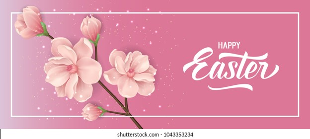 Happy Easter lettering with blooming twig and glittering on pink background. Calligraphic inscription can be used for greeting cards, festive design, banners, posters.